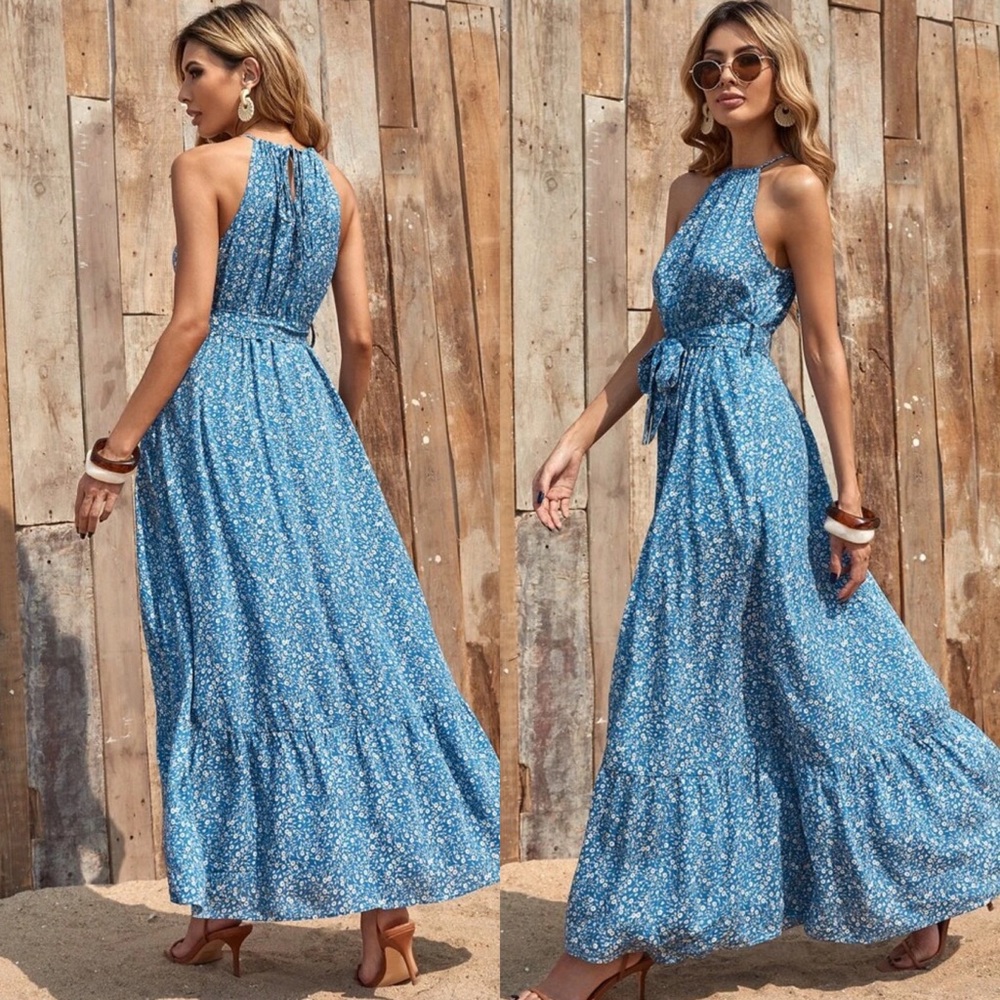 Boho floral print maxi dress halter ruffle blue - Picture 1 of 5